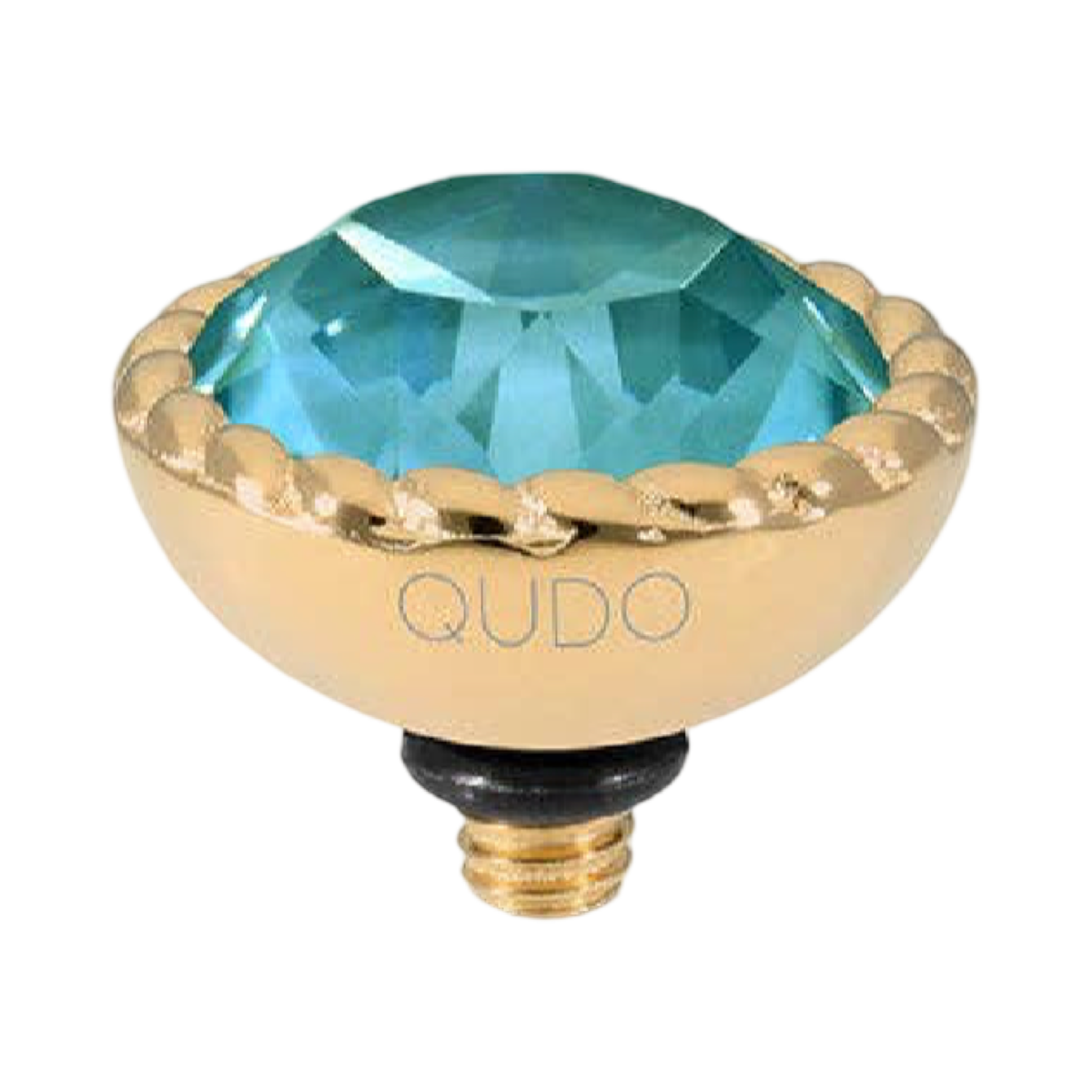 QUDO Bocconi gold interchangeable jewelry topper with faceted Pine Green Ignite crystal and crystal-accented edge