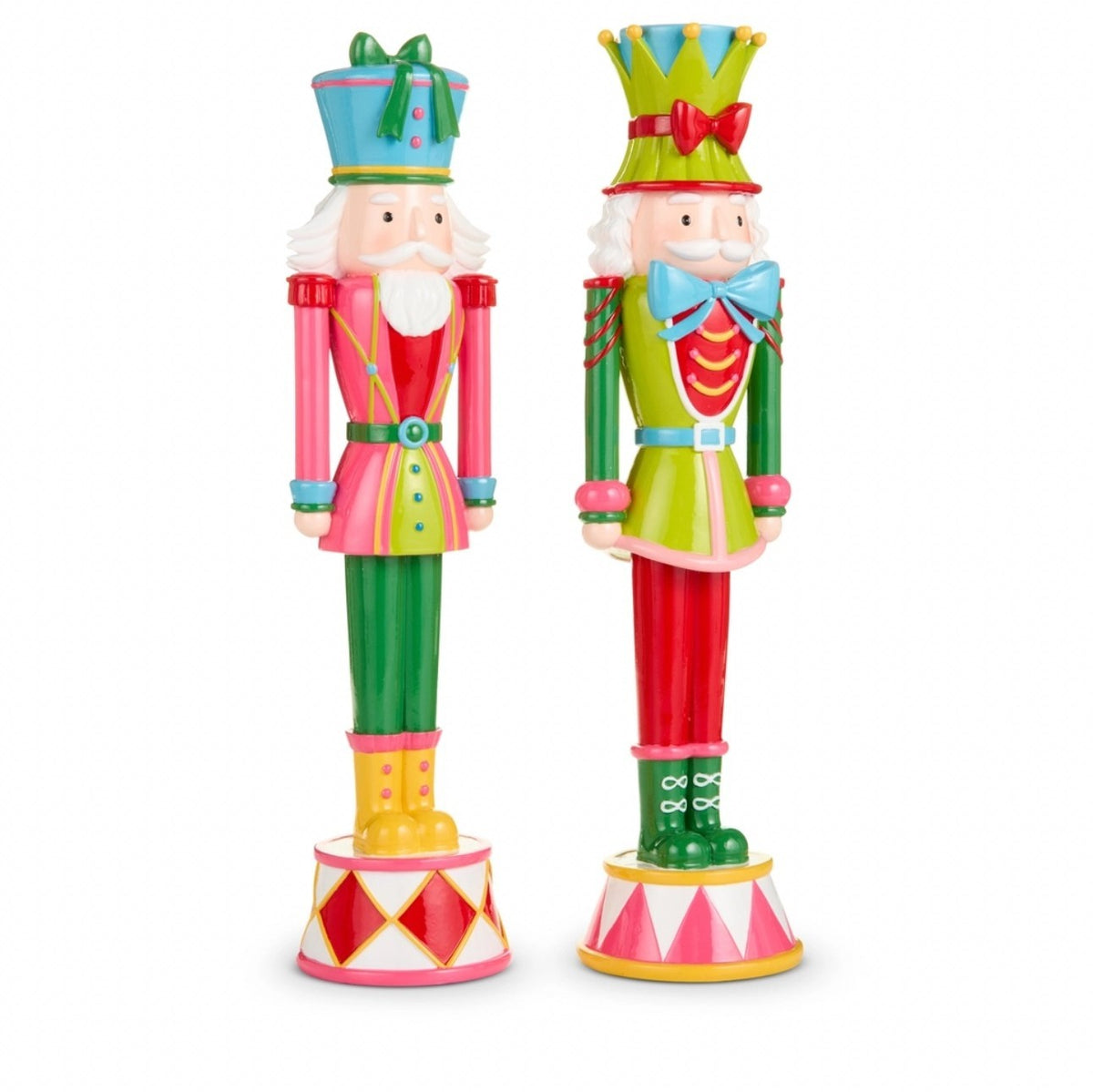 RAZ Imports Neon Noel 16 inch multicolored Christmas nutcracker figurines featuring pink soldier and green king designs