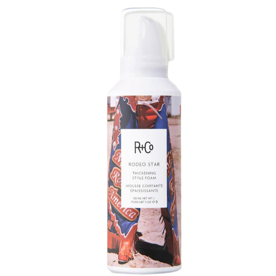 R+Co RODEO STAR foam, thickening styling mousse, volume foam for fine hair, non-sticky hair thickener, blowout volume foam, hair density styling product, touchable volume mousse, lift for medium hair, thickening foam for styling, R+Co volumizing foam