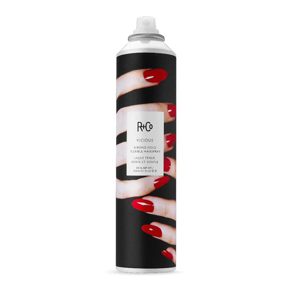 R+Co VICIOUS hairspray, strong hold flexible hair spray, brushable finishing spray, flake-free hair spray, all-night style hold, re-style hairspray, long-lasting hairspray with movement, high hold styling spray, R+Co finishing mist, firm hold hairspray without crunch