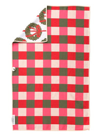 Red and pink checkered reverse side of the Wrapped in Wreaths Christmas microfiber hand towel by Crae.Home