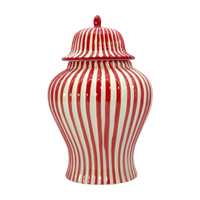Red and white striped 12 inch ceramic ginger jar with lid