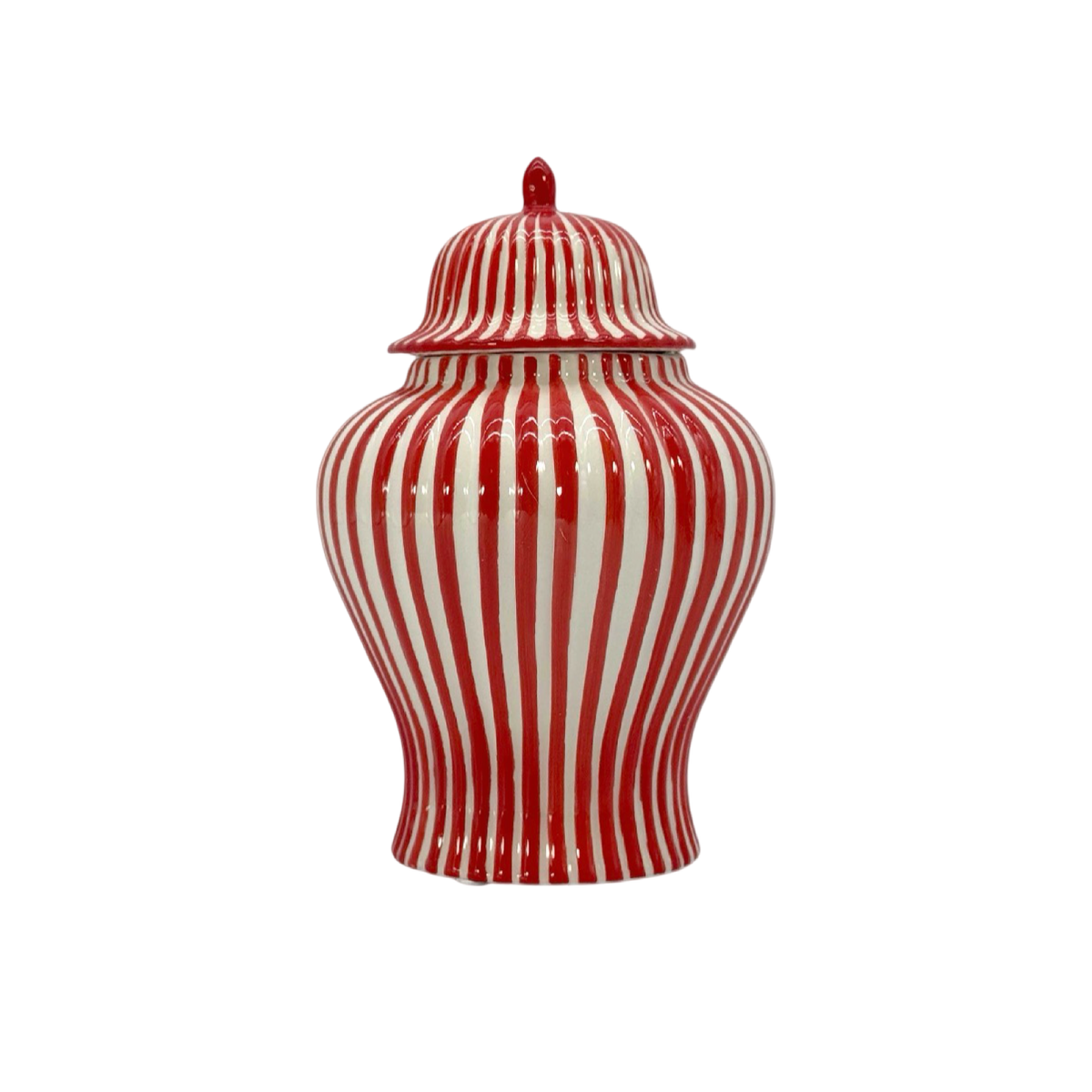 Red and white striped 8 inch ceramic ginger jar with lid