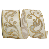 Reliant Ribbon Fab Filigree ivory ribbon featuring ornate gold glitter scrollwork and wired edges, 2.5 inches wide, available by the yard or 20-yard roll.