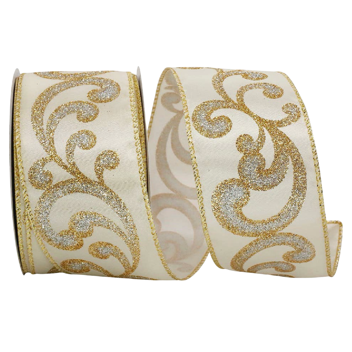 Reliant Ribbon Fab Filigree ivory ribbon featuring ornate gold glitter scrollwork and wired edges, 2.5 inches wide, available by the yard or 20-yard roll.