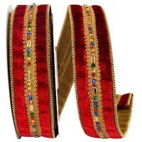 Reliant Ribbon Jewel Stones Trim Velvet Luxe wine burgundy velvet ribbon with colorful jeweled center trim and metallic gold wired edges, 1.5 inches wide.