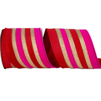 A roll of decorative ribbon with alternating stripes of bright red, hot pink, and textured gold glitter, shown on a plain white background.