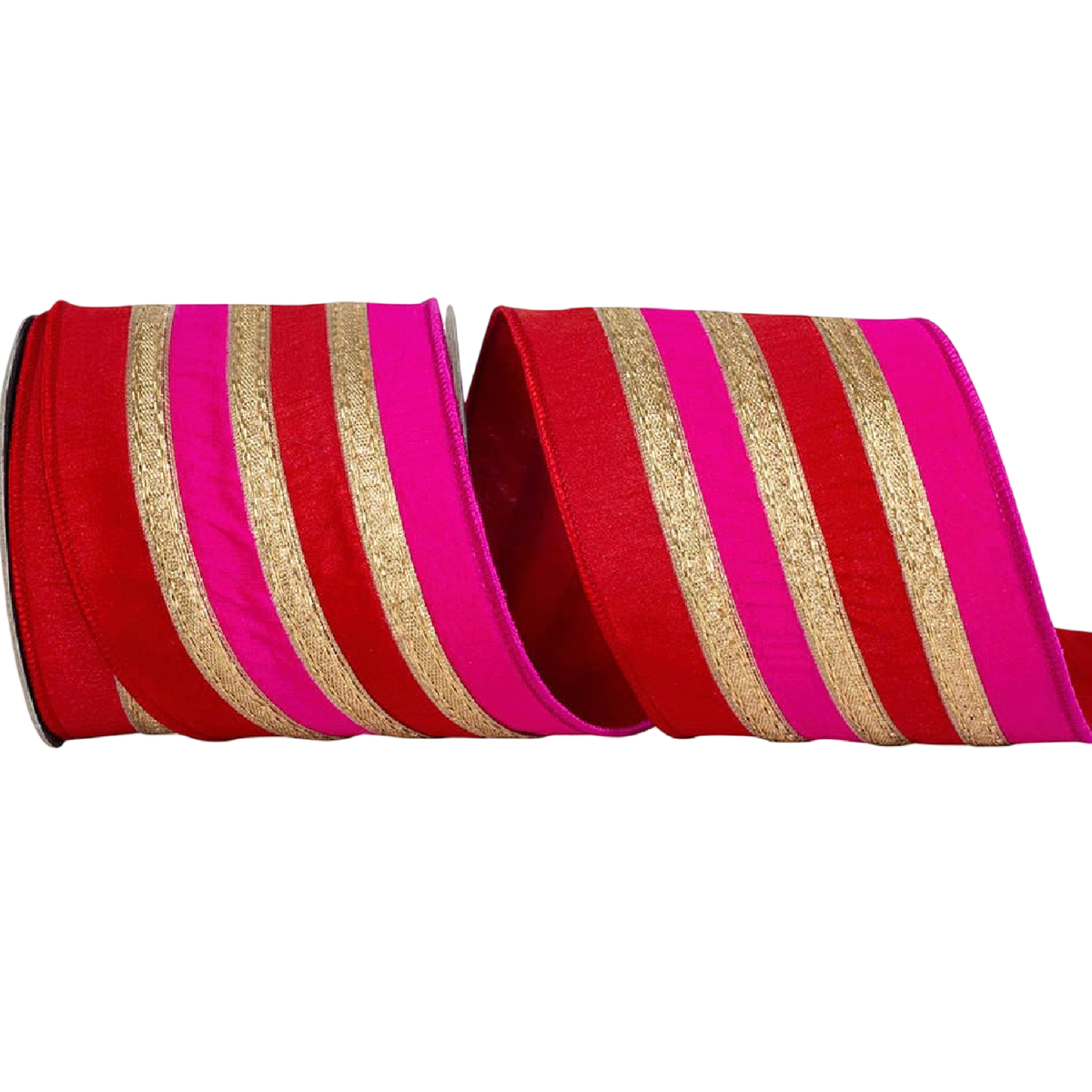 A roll of decorative ribbon with alternating stripes of bright red, hot pink, and textured gold glitter, shown on a plain white background.