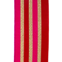 Reliant Ribbon Stripe Trimming Overlay ribbon featuring bold red and fuchsia pink stripes with shimmering gold accents, 4 inches wide.