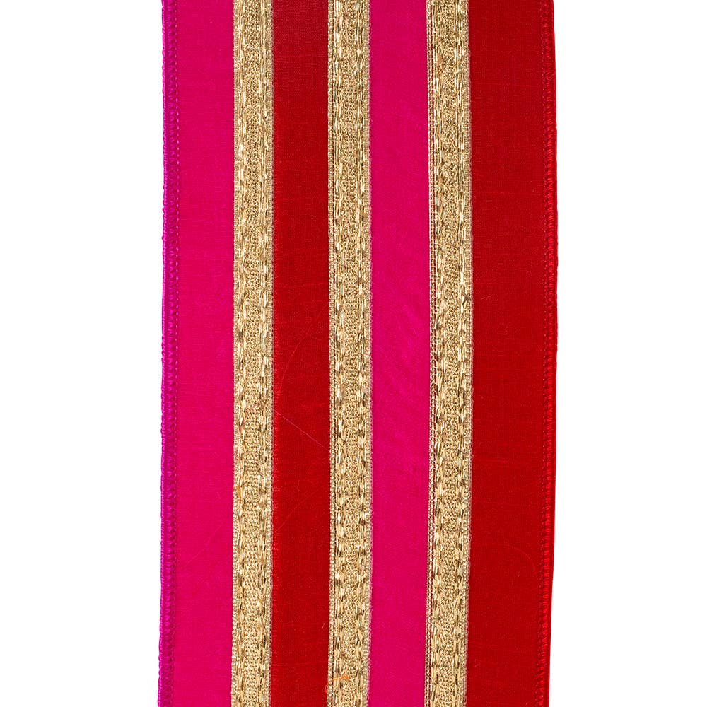 Reliant Ribbon Stripe Trimming Overlay ribbon featuring bold red and fuchsia pink stripes with shimmering gold accents, 4 inches wide.