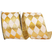 Reliant Ribbon Velvet Diamond Glitz gold and ivory velvet ribbon with metallic gold harlequin diamond pattern and wired edges, 2.5 inches wide.