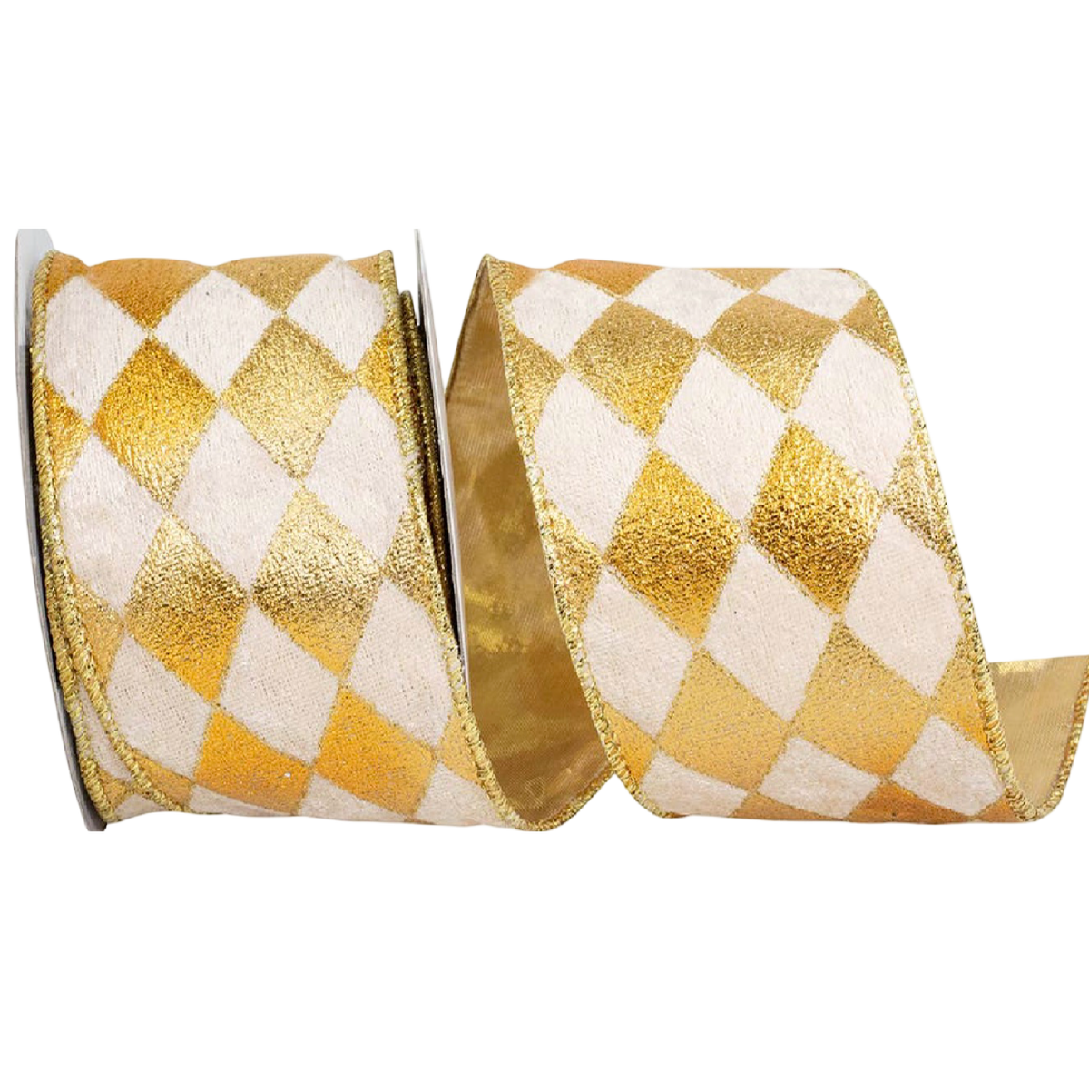 Reliant Ribbon Velvet Diamond Glitz gold and ivory velvet ribbon with metallic gold harlequin diamond pattern and wired edges, 2.5 inches wide.