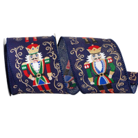 Reliant Ribbon navy blue Nutcracker Filigree Elegance Christmas ribbon featuring colorful traditional nutcrackers surrounded by ornate gold scrollwork, 2.5-inch wired edge.