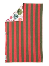 Reverse side of Decked in Detail Christmas microfiber hand towel with bold red and green holiday stripes