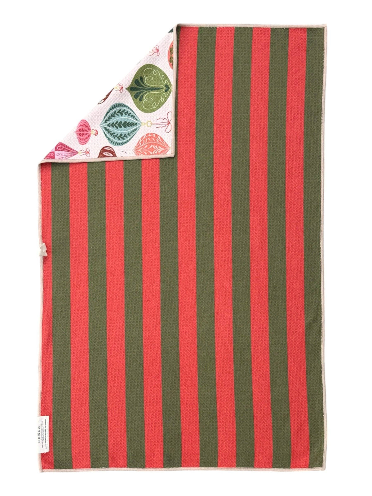Reverse side of Decked in Detail Christmas microfiber hand towel with bold red and green holiday stripes