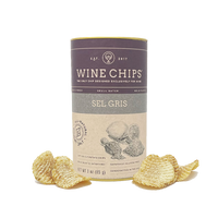Sel Gris French sea salt Wine Chips in a 3 oz cylindrical tube with gourmet lattice-cut potato crisps.