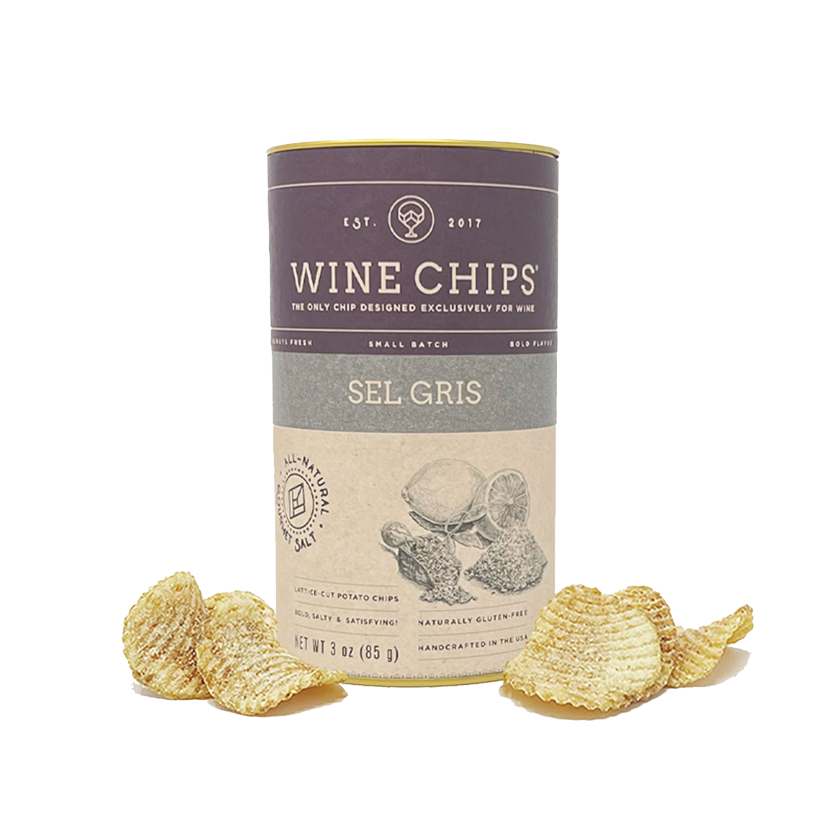 Sel Gris French sea salt Wine Chips in a 3 oz cylindrical tube with gourmet lattice-cut potato crisps.