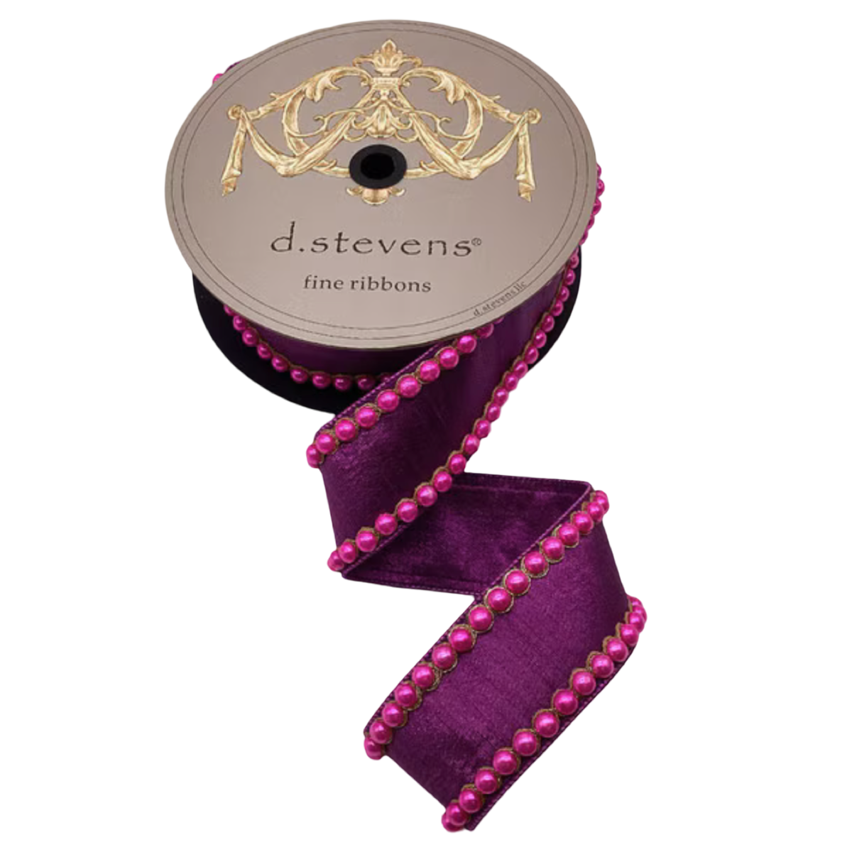 Shop 2.5-inch purple metallic ribbon with fuchsia pearl trim by D. Stevens. Available by the yard or 5-yard roll for statement bows, wreaths, gifts and holiday decorating.