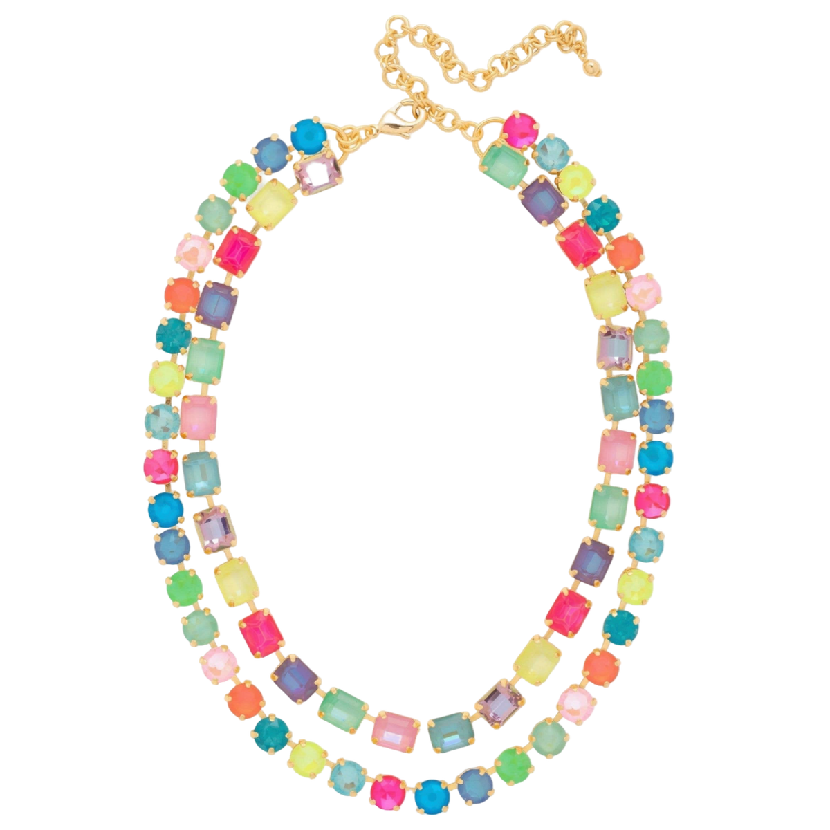 Sorrelli Marci Tennis Necklace in Candy Carnival with multicolored emerald-cut and round crystals in a bright gold-tone finish