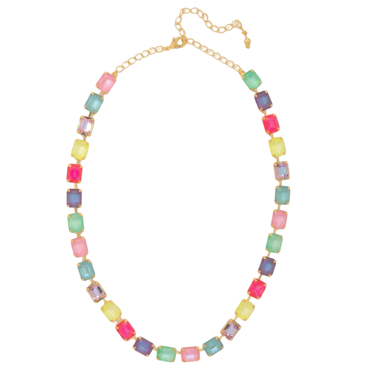 Sorrelli multicolor necklace with large emerald-cut crystals in pink, yellow, mint, and lavender