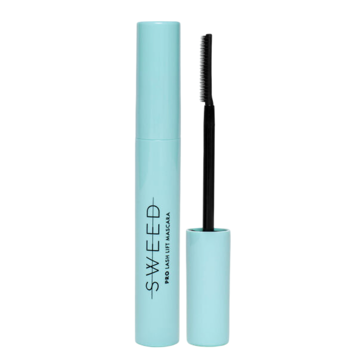 Mascara with blue tube and black brush on a white background