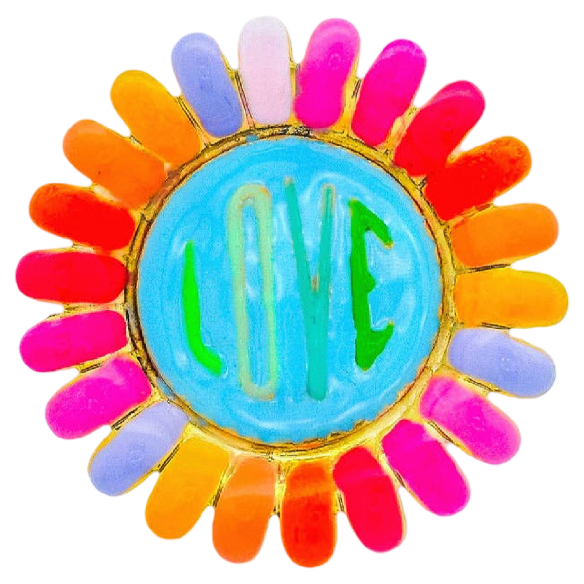 Colorful brooch with 'LOVE' text on a white background