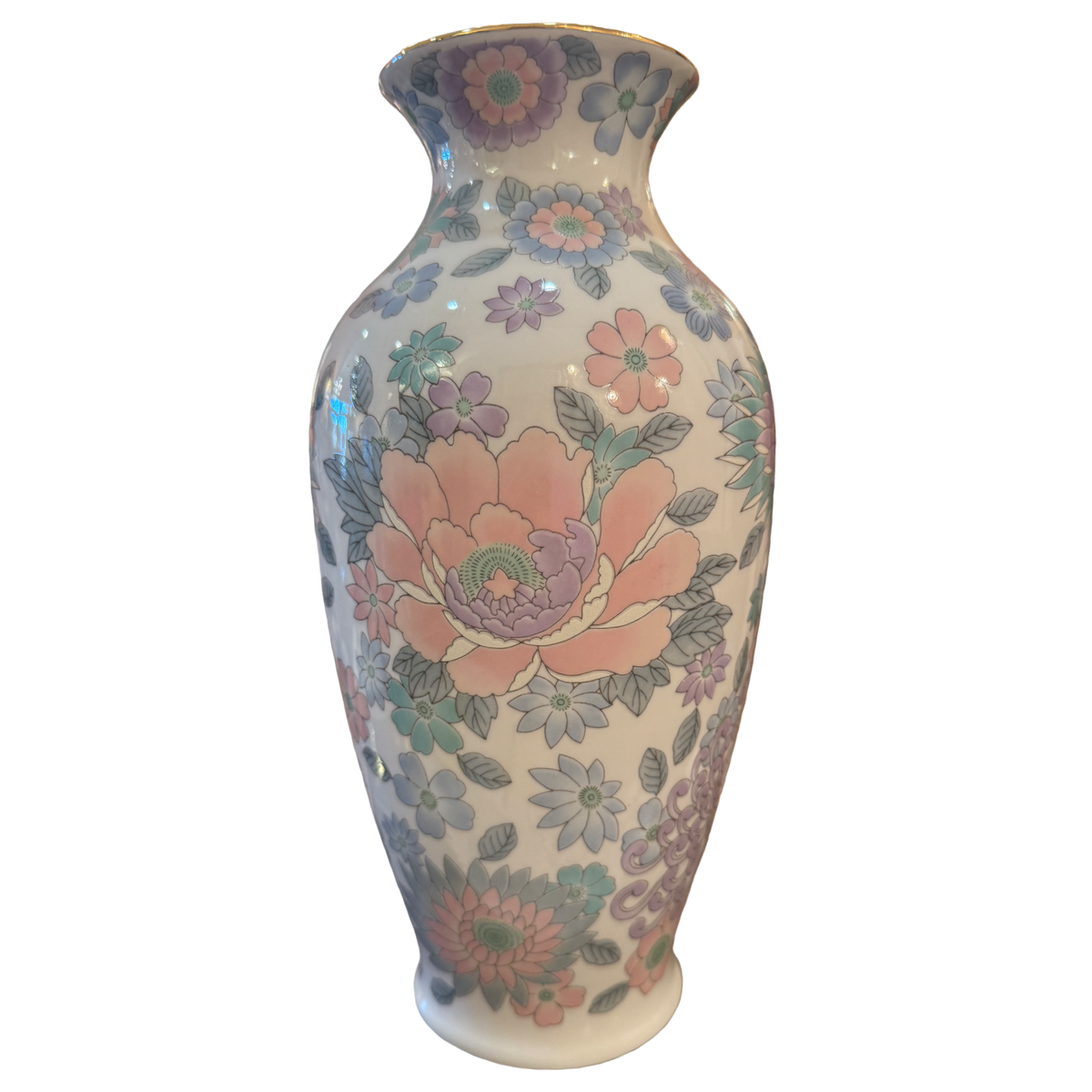 Tall porcelain vase with pastel pink, lavender, blue, and mint flowers and a gold-tone rim.