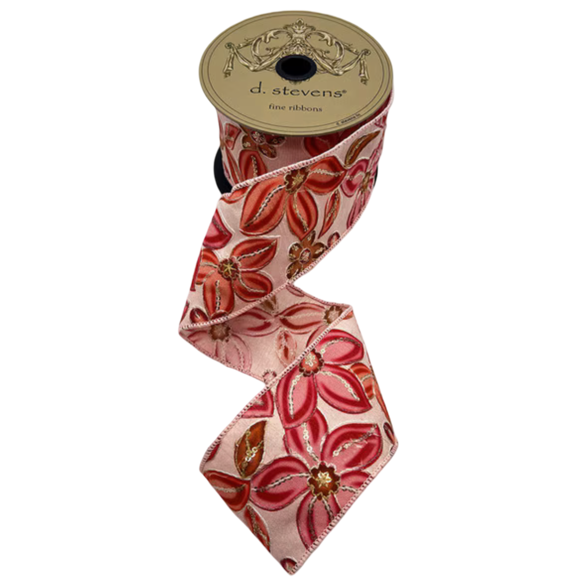 Three-inch d.stevens ribbon with carmine and coral embroidered flowers and sequin accents on a soft pink background, cascading from a spool.