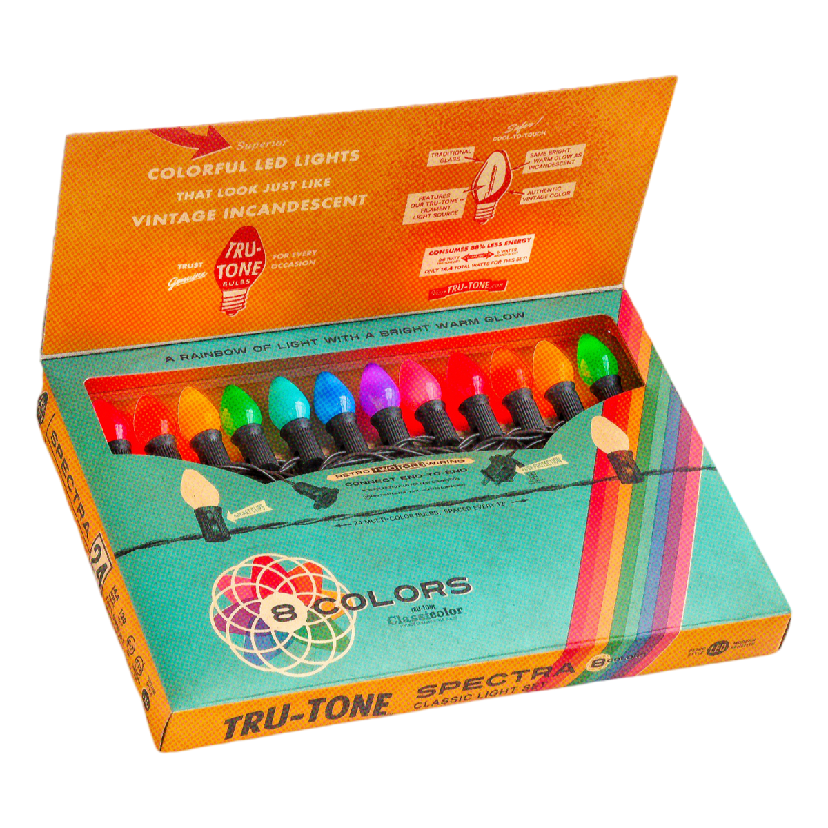 Tru-Tone vintage-style rainbow C7 LED Christmas light set with 24 multicolor bulbs