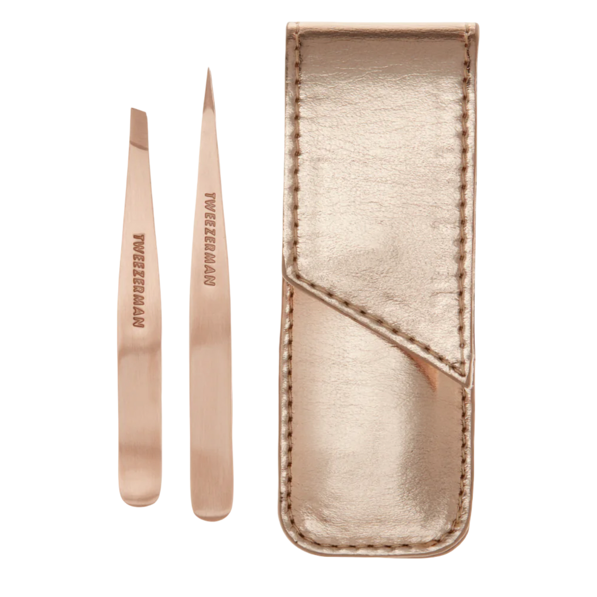 Rose gold tweezers with a matching case on a white background