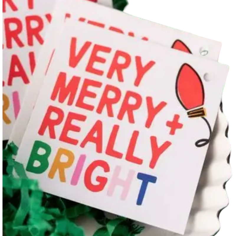 Very Merry and Really Bright Christmas gift tag set by Francine and Georgia featuring colorful typography and festive Christmas light design, set of five square holiday gift tags.