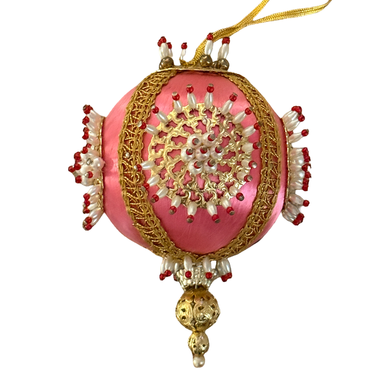 Vintage pink satin-thread ornament with gold-tone medallions, pearl-look beads tipped in red, metallic braid, and an ornate gold-tone drop.