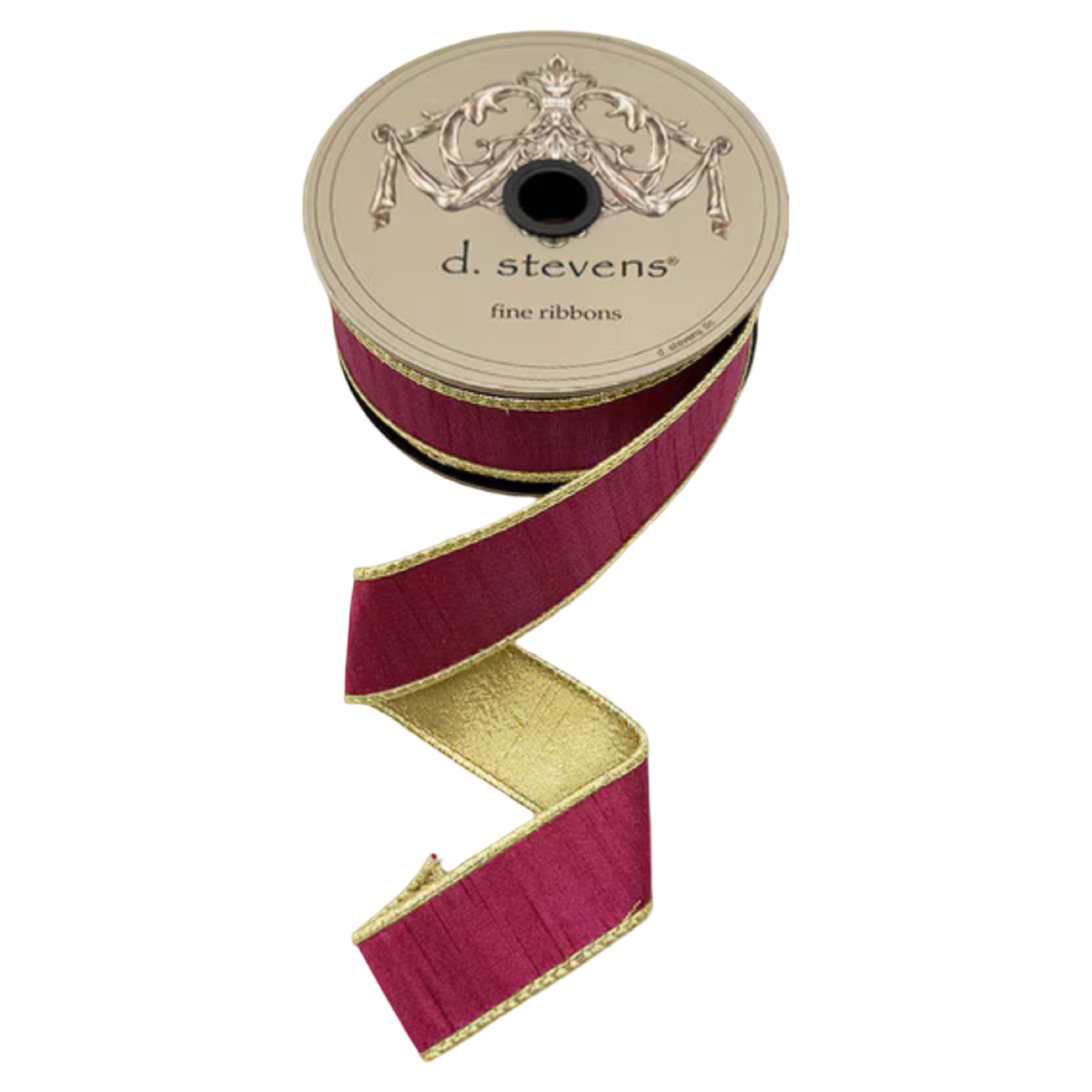 Wine slub dupioni ribbon with metallic gold backing and gold edging, 1.5 inches wide, shown unrolled from a 10-yard spool for bows, wreaths, ornaments, and gift wrapping.