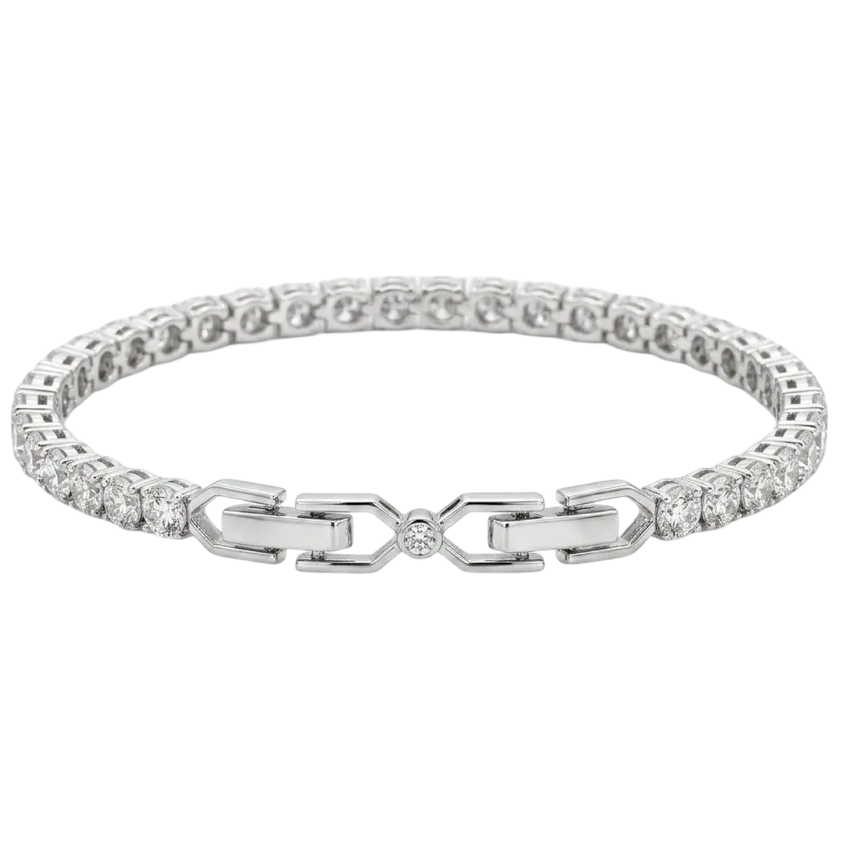 Anna Zuckerman Avery 10 Carat Tennis Bracelet with round Diamond Crystalline stones and a signature center-stone link clasp in platinum-plated brass.