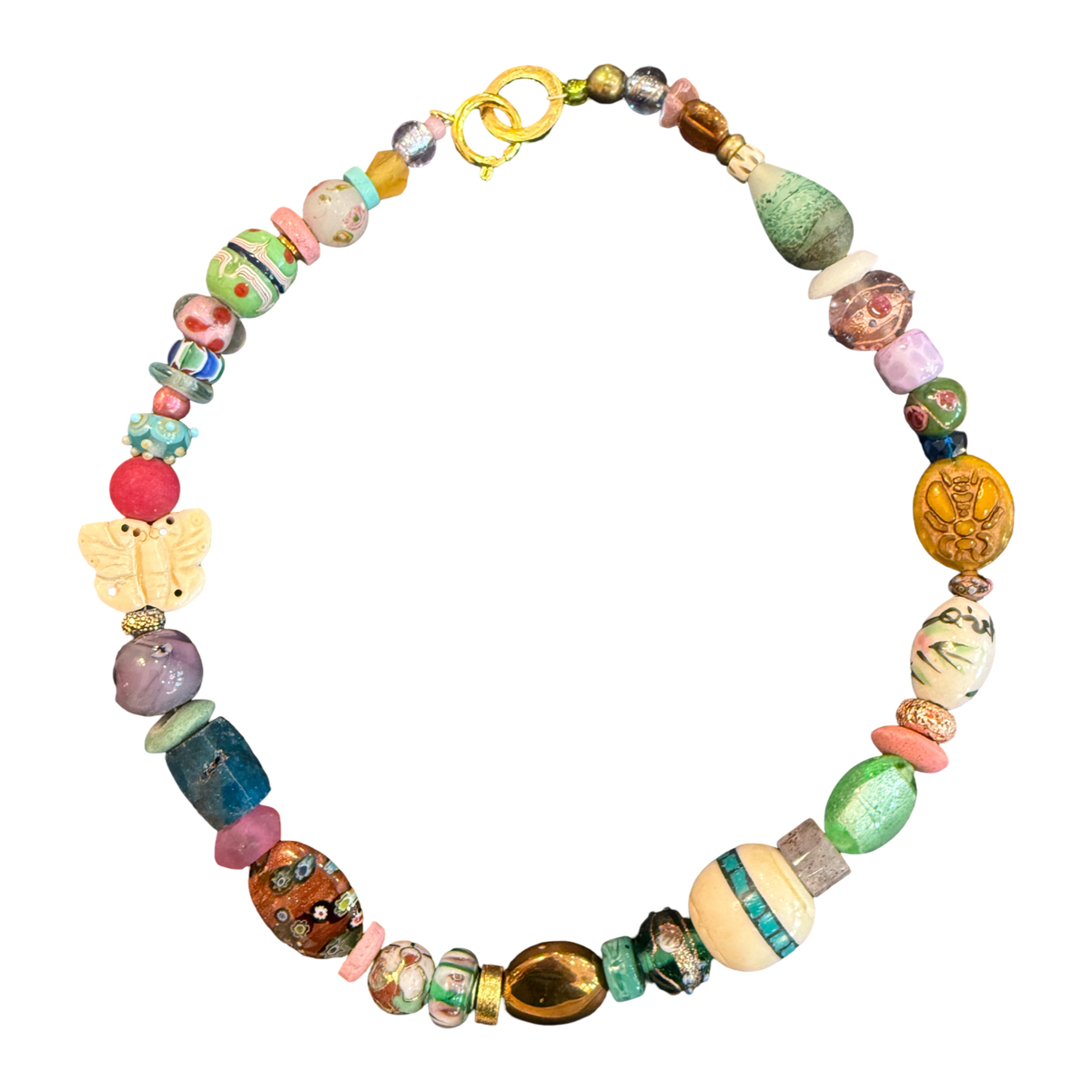 artisan necklace, one of a kind necklace, butterfly necklace, porcelain bead necklace, ceramic bead necklace, handmade statement necklace, colorful necklace, garden inspired jewelry, wearable art, eclectic jewelry, boutique necklace, handcrafted jewelry, unique gift for women, artisan bead necklace, Oh Meredith jewelry