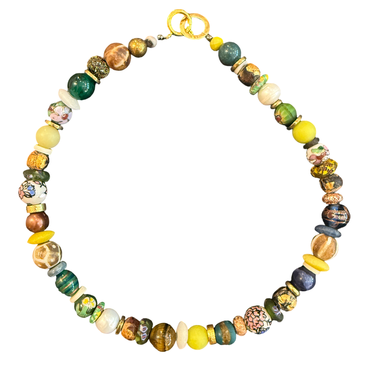 artisan necklace, one of a kind necklace, statement necklace, mixed bead necklace, porcelain bead necklace, lampwork glass necklace, ceramic necklace, colorful artisan jewelry, wearable art necklace, boutique jewelry, eclectic jewelry, handcrafted necklace, blue statement necklace, luxury boutique jewelry, Oh Meredith jewelry