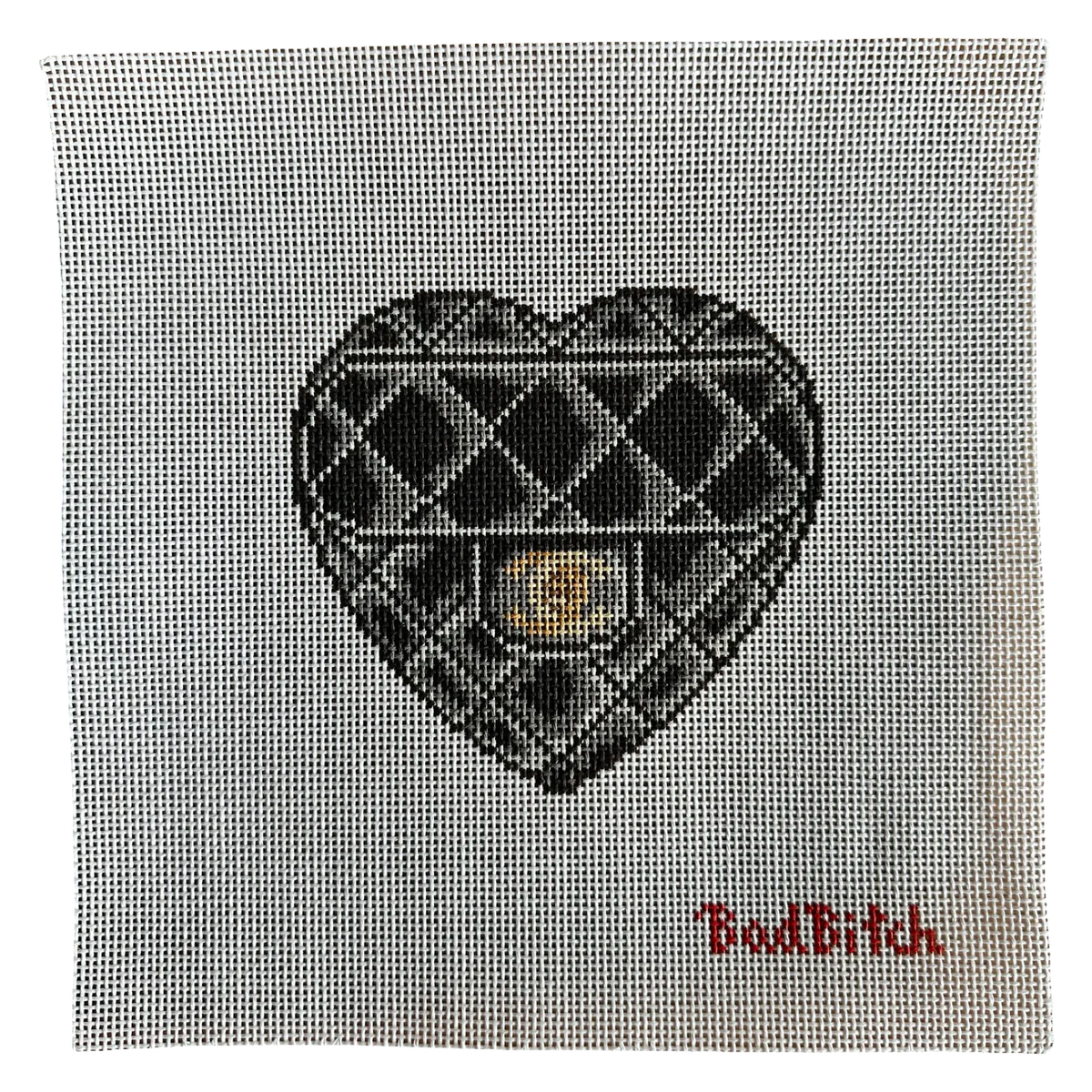 bad bitch needlepoint, quilted heart needlepoint canvas, handbag needlepoint, designer inspired needlepoint, 13 mesh canvas, 5x5 needlepoint project, chic needlepoint canvas, self finishing needlepoint