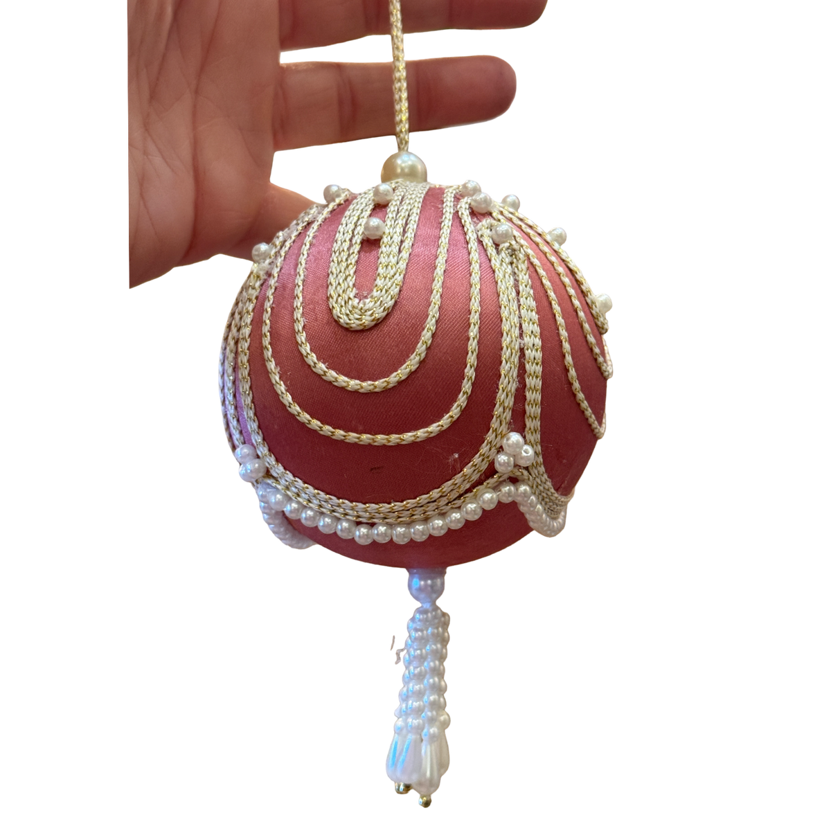 beautiful vintage pink satin Christmas ornament with cascading gold trim, faux pearl embellishments, and a decorative beaded tasse