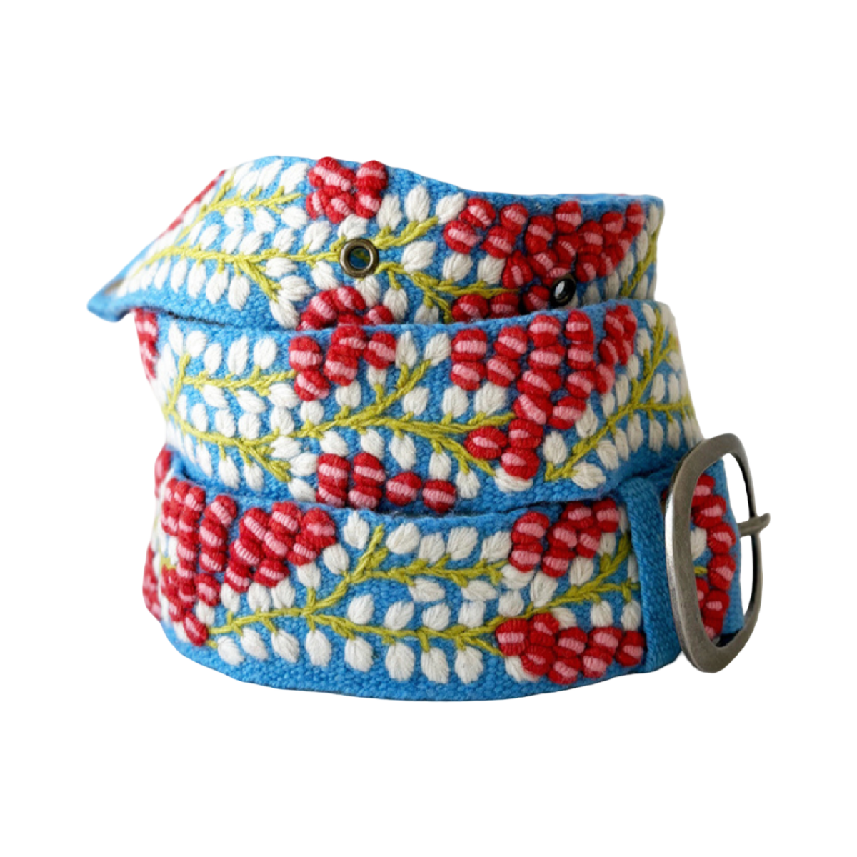 Bright blue embroidered wool belt with dimensional red berries, white leaves, green vines, and a lead-free metal buckle.