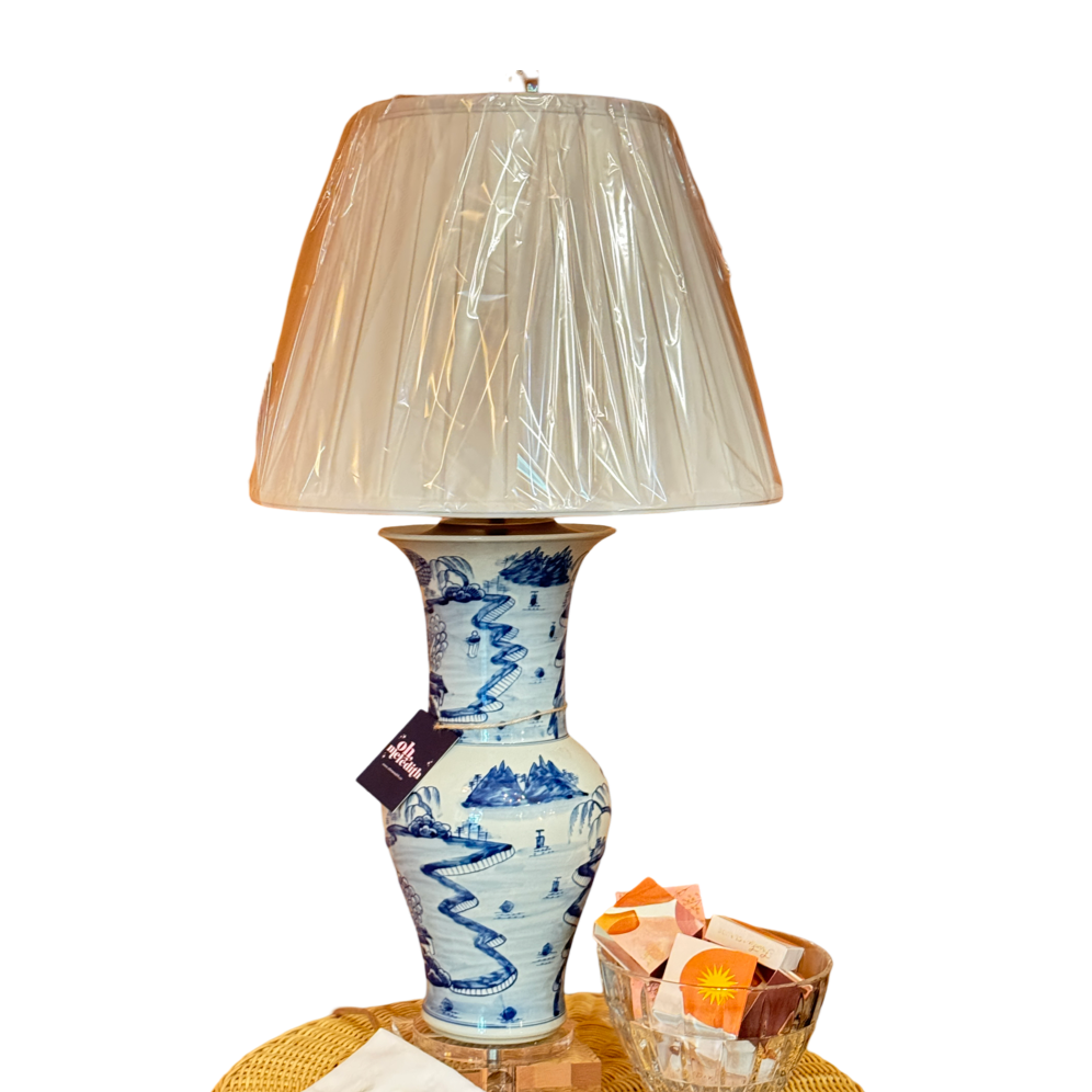 Blue and White Porcelain Table Lamp Pleated Shade Acrylic Base