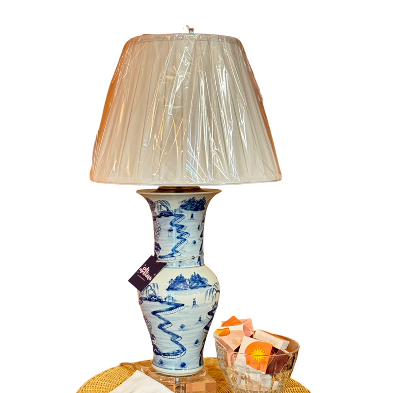 Blue and White Porcelain Table Lamp Pleated Shade Acrylic Base