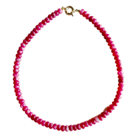 bubblegum pink gemstone necklace, pink candy necklace, 17 inch charm necklace, gold clasp beaded necklace, handmade jewelry Charleston, bright pink beaded necklace, gemstone layering necklace, artisan charm-ready necklace, pastel pink beaded necklace, bubblegum pink gold jewelry