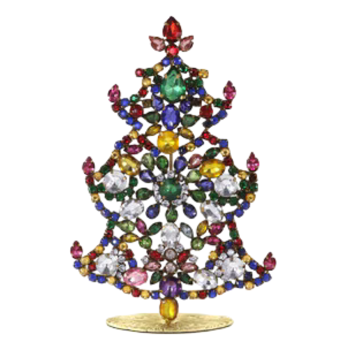 Decorative Christmas tree made of multicolored gemstones on a white background