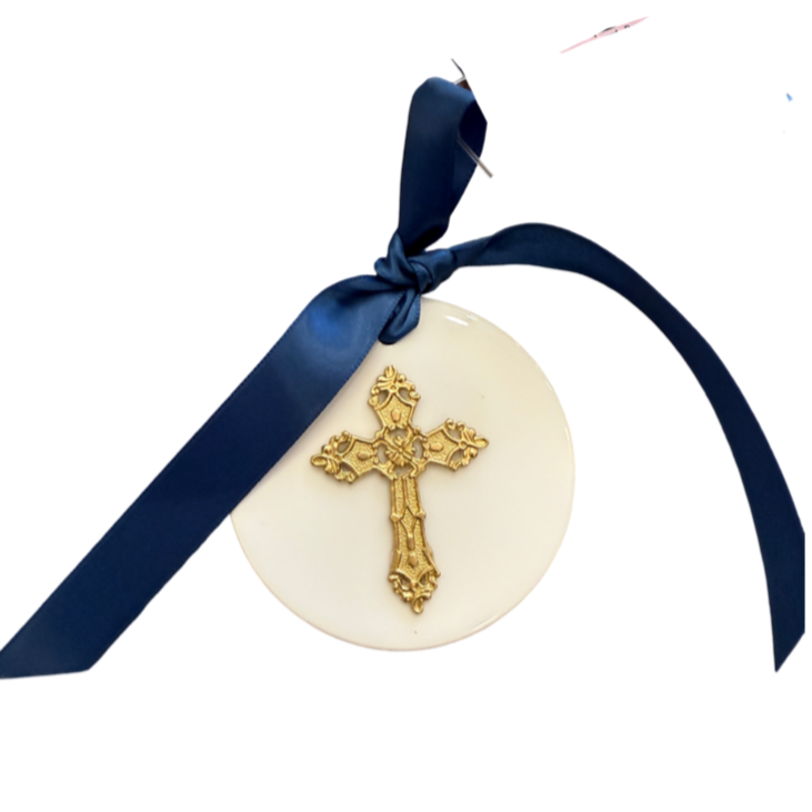 cross on ornament with navy blue ribbon handmade christian jesus cross