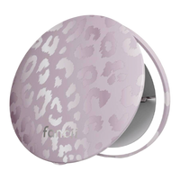 Round makeup mirror with leopard print design and 'fancii' branding on a white background
