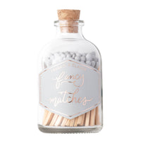 fancy matches, fog light gray match jar, custom colored matches, corked glass jar, match-striker, decorative match jar, luxury matches, home decor, gold foil label, match jar with striker, unique match jar, 