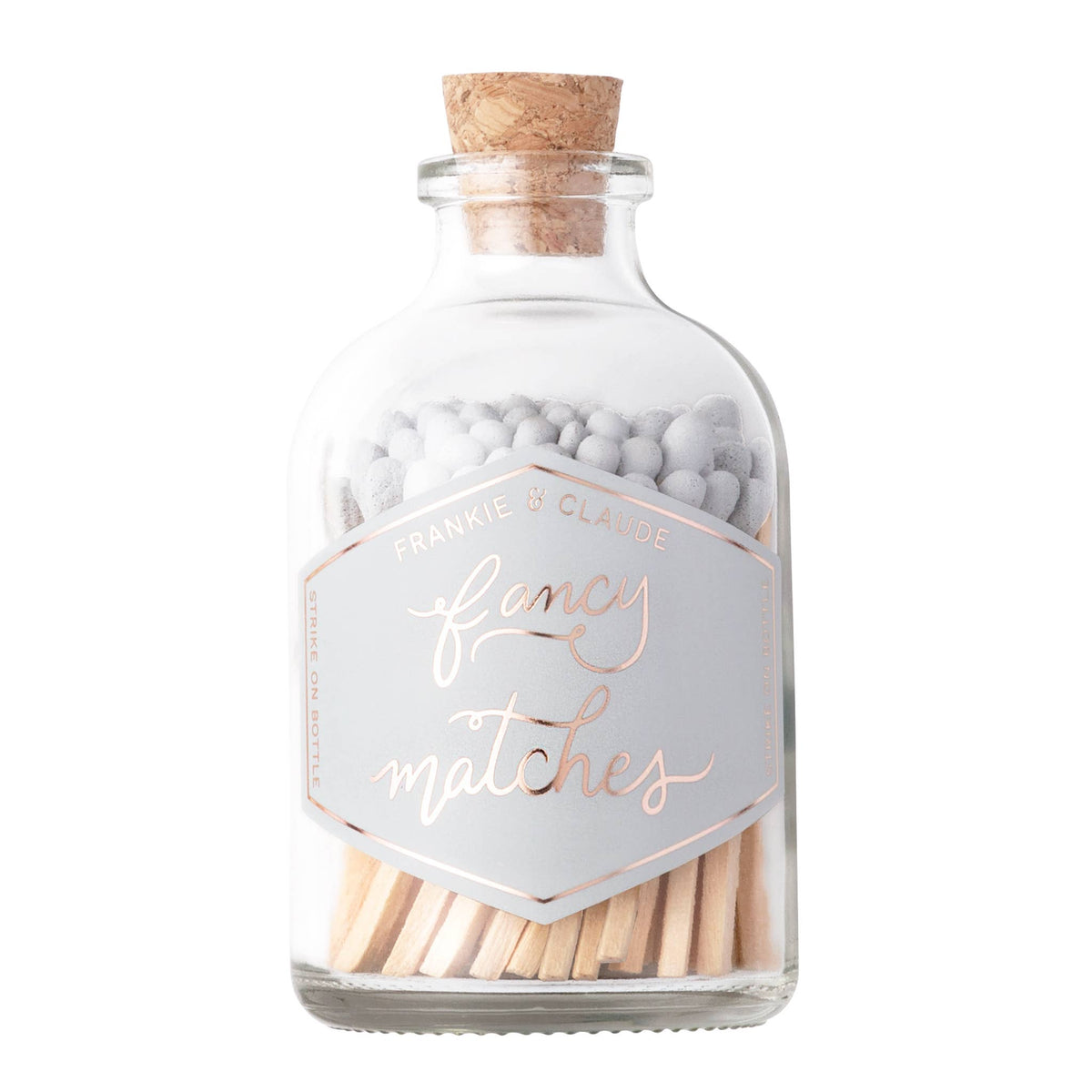 fancy matches, fog light gray match jar, custom colored matches, corked glass jar, match-striker, decorative match jar, luxury matches, home decor, gold foil label, match jar with striker, unique match jar, 