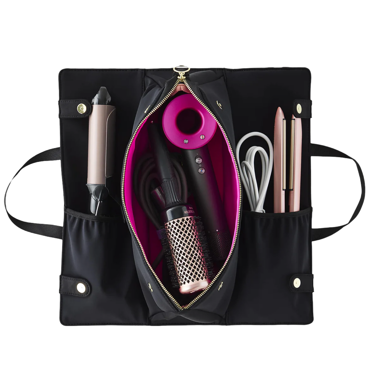 kusshi hair tools bag, black pink hair tool bag, travel hair dryer bag, kusshi curling iron case, heat resistant hair tools bag, stylish hair accessory storage, kusshi beauty bag, hair tool organizer