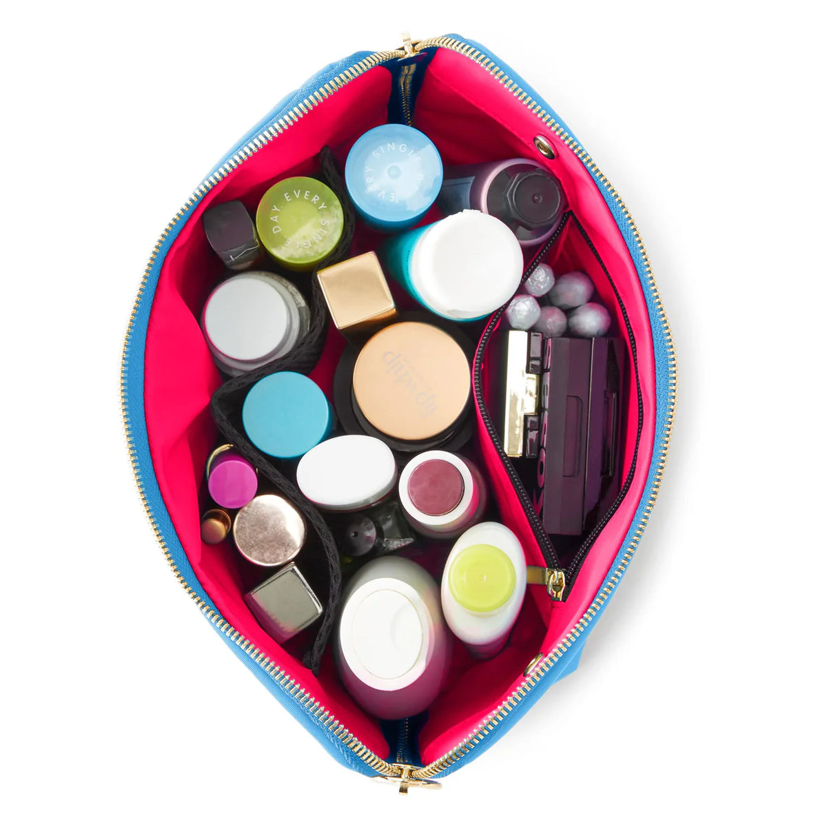 kusshi signature makeup bag, light blue cosmetic bag, kusshi large makeup bag, travel makeup organizer, blue pink makeup bag, kusshi toiletry bag, signature beauty bag, durable fabric makeup case