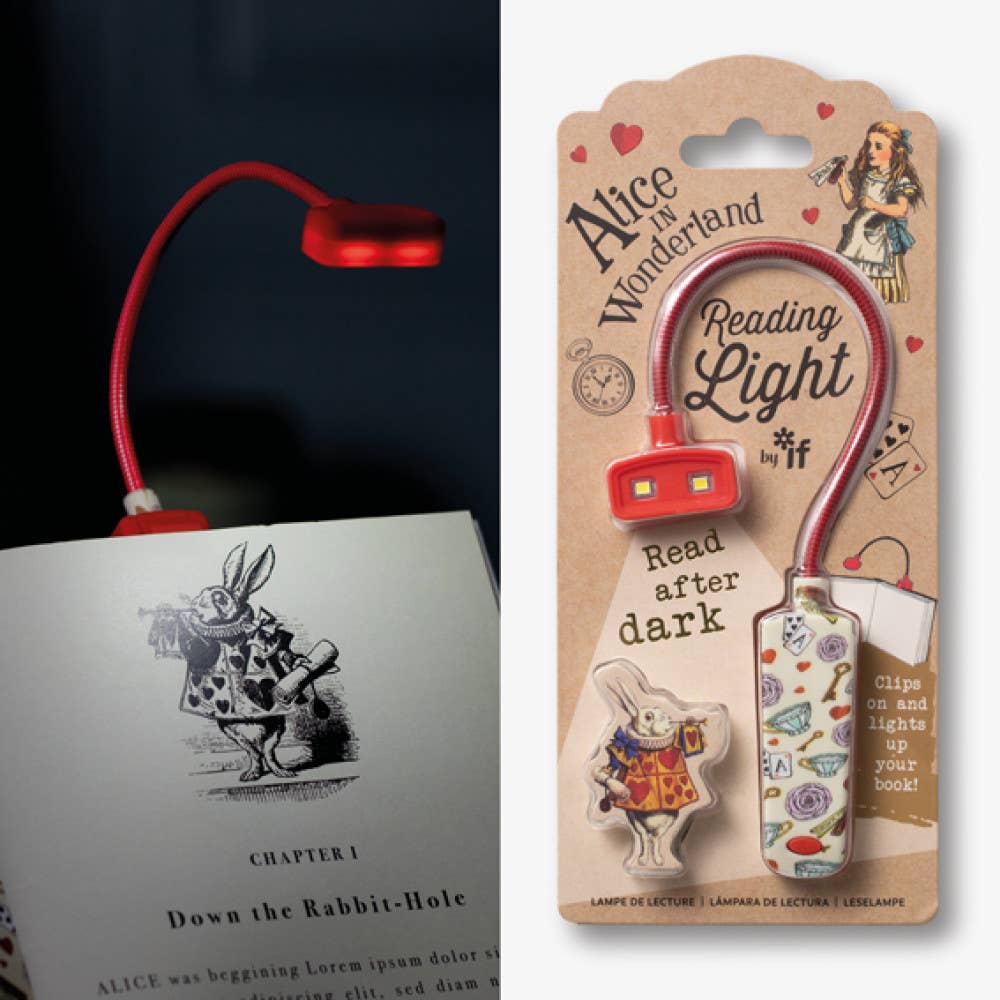 Alice in Wonderland clip-on LED book reading light by if USA with red flexible neck and illustrated packaging